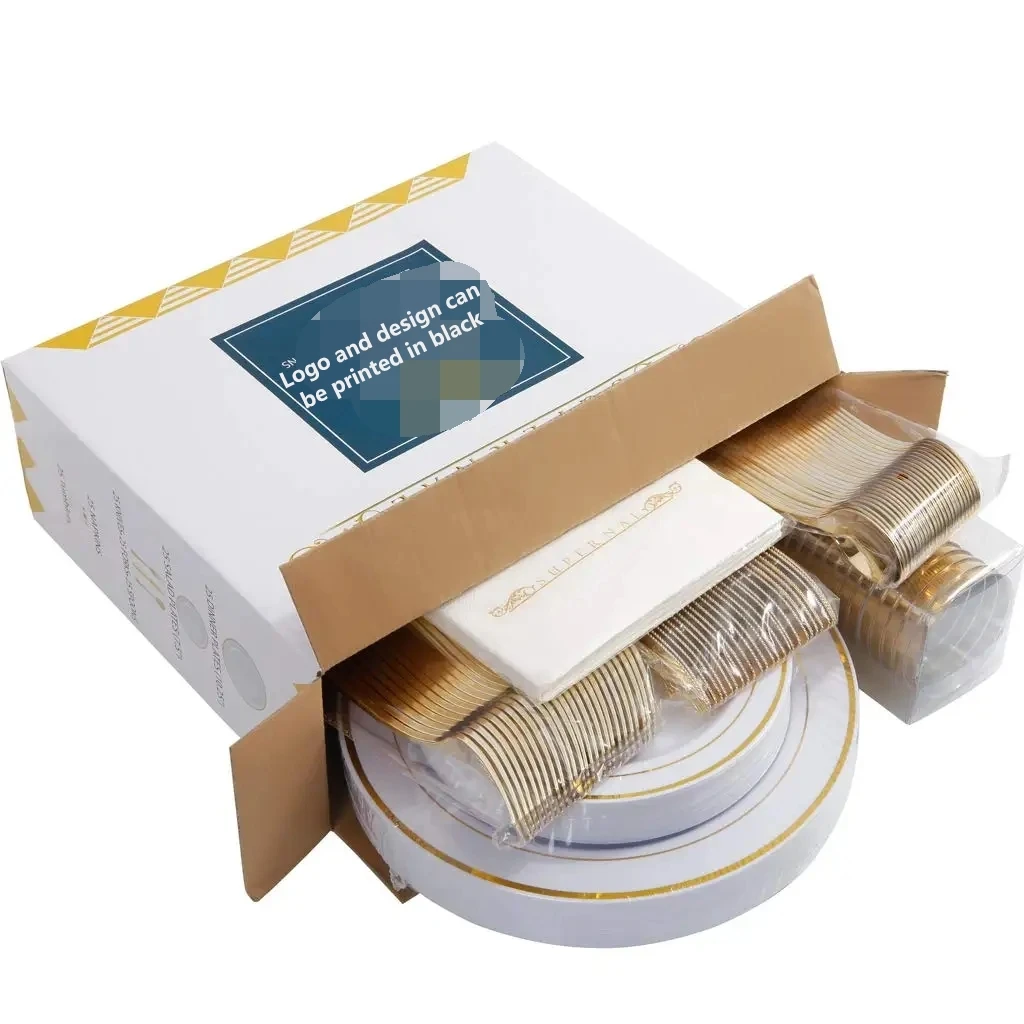 175PCS Gold Disposable Dinnerware Set (25 Guests) Plastic Plates,cutlery,cup,napkin for Party, Wedding, Party Supplies