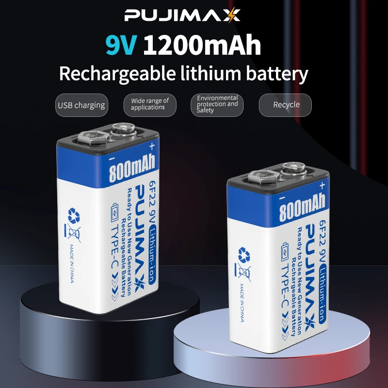PUJIMAX 1pcs usb c lithium ion battery 9v li-ion rechargeable batteries 6f22 type c lithium batteries 9v for microphones