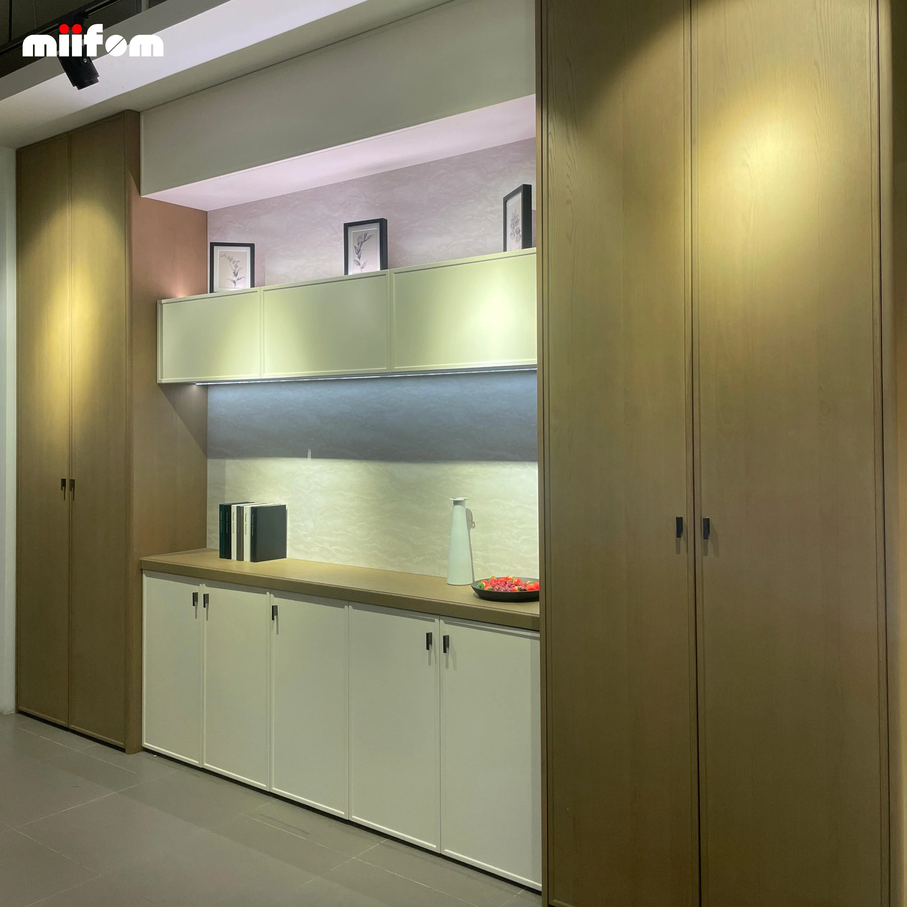 Solid wood high cabinet with circular door panel can be used as a bar counter with storage function