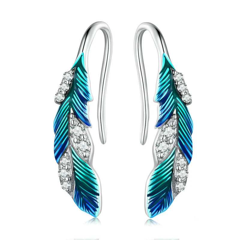 SHIERO White Gold Plated New Designer Enamel Feather Open Ring and Feather Drop Earrings Jewelry Sets 925 Sterling Silver