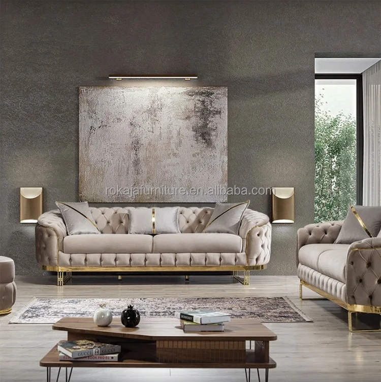 American Style Luxury 1+2+3 Seater Sofa Set Chesterfield Velvet Sofa Gold Stainless Steel Leg Living Room Corner Button Sofas