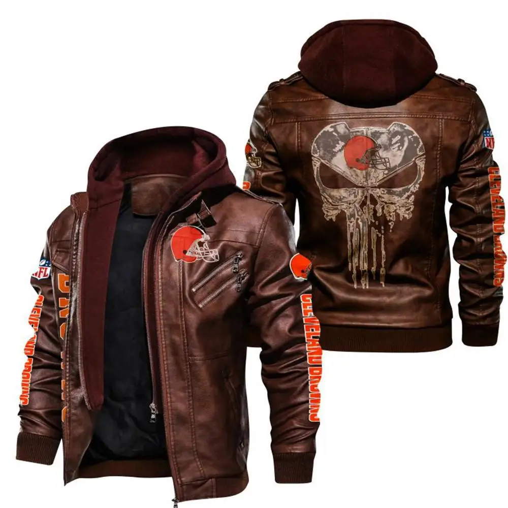 Hot Sale Trademark Browns American Football Teams Detachable Pullover Design PU Trendy Plus Size Leather Coat Men
