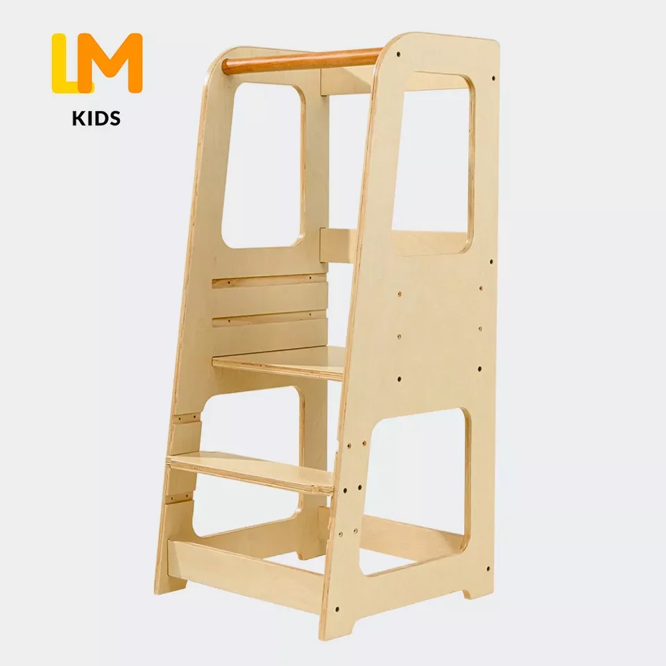 LM KIDS 3 Heights Adjustable Step Up Stool Solid Wood Construction Personalized Kitchen Helper Learning Tower