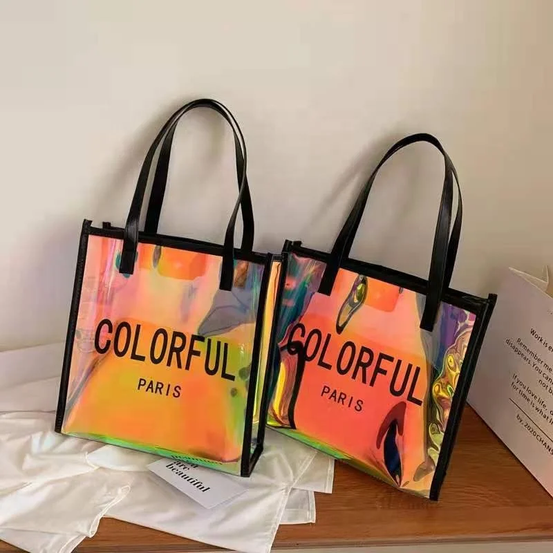 New Fashion Holographic Hand Bag Women Transparent Pvc Tote Shopping Bag Pvc Handbag Women