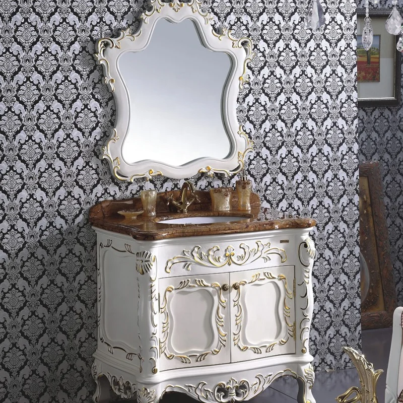 Soild Wooden Bathroom Cabinet Luxury Antique White Vanity Furniture Set