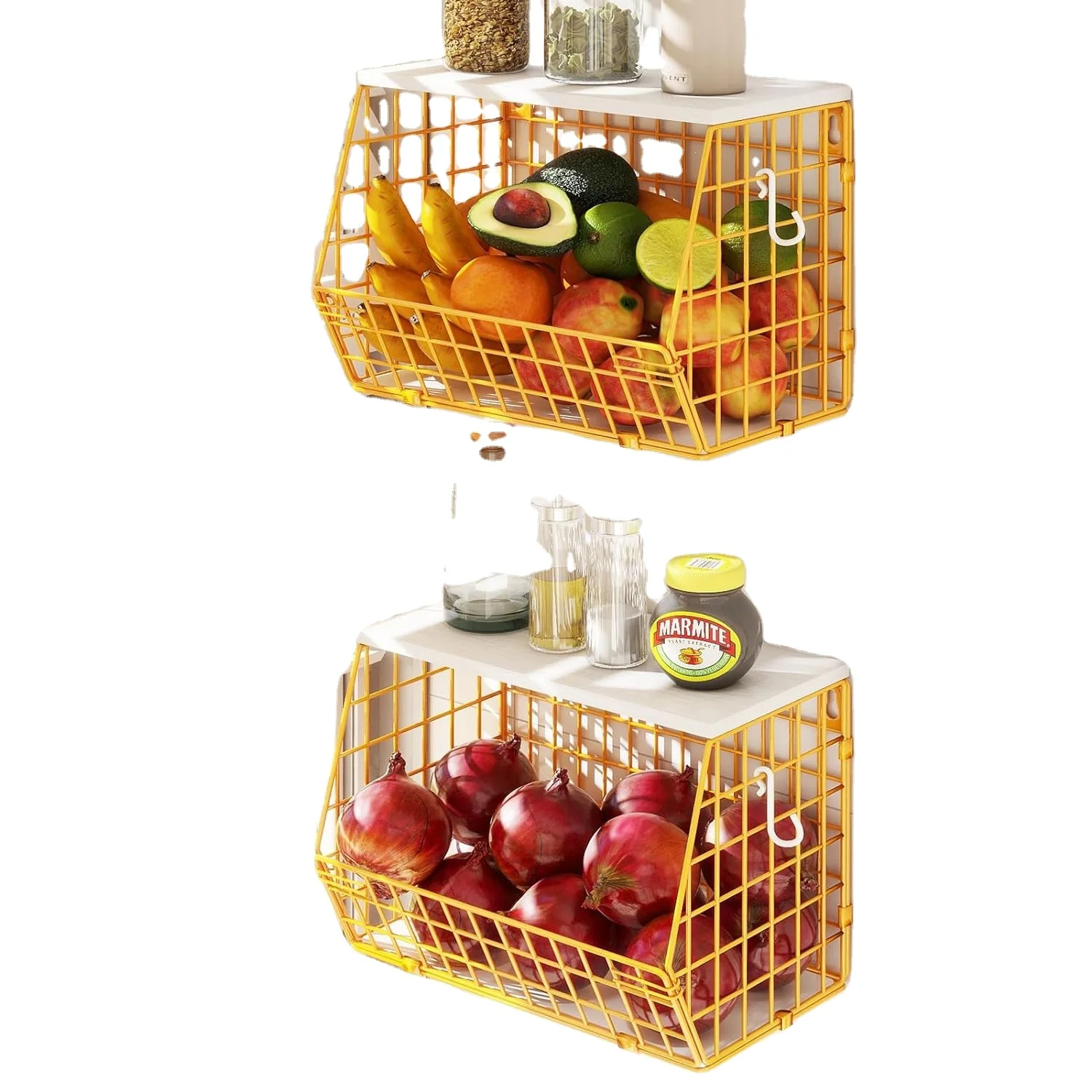 Kitchen Organizers and Storage Counter Fruit Bowl Stackable Wall Mounted Wood Lid Snack Organizer Hanging Pantry Storage Basket