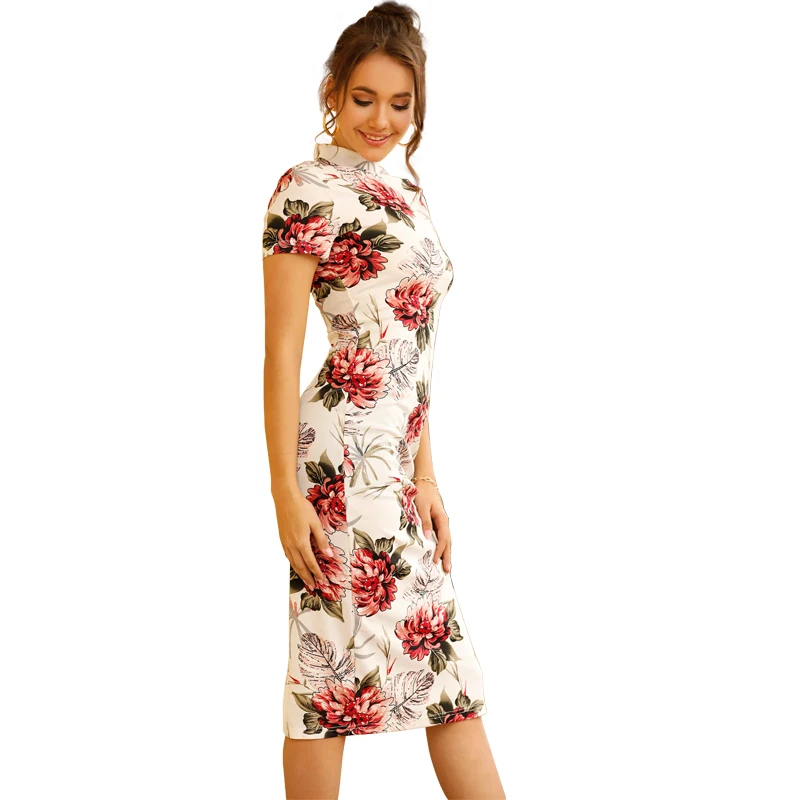 Catwalk New Satin Traditional Chinese Vestido Stand Collar Short Sleeve Women Tight Cheongsam Robe Tang Suit Printed Dress