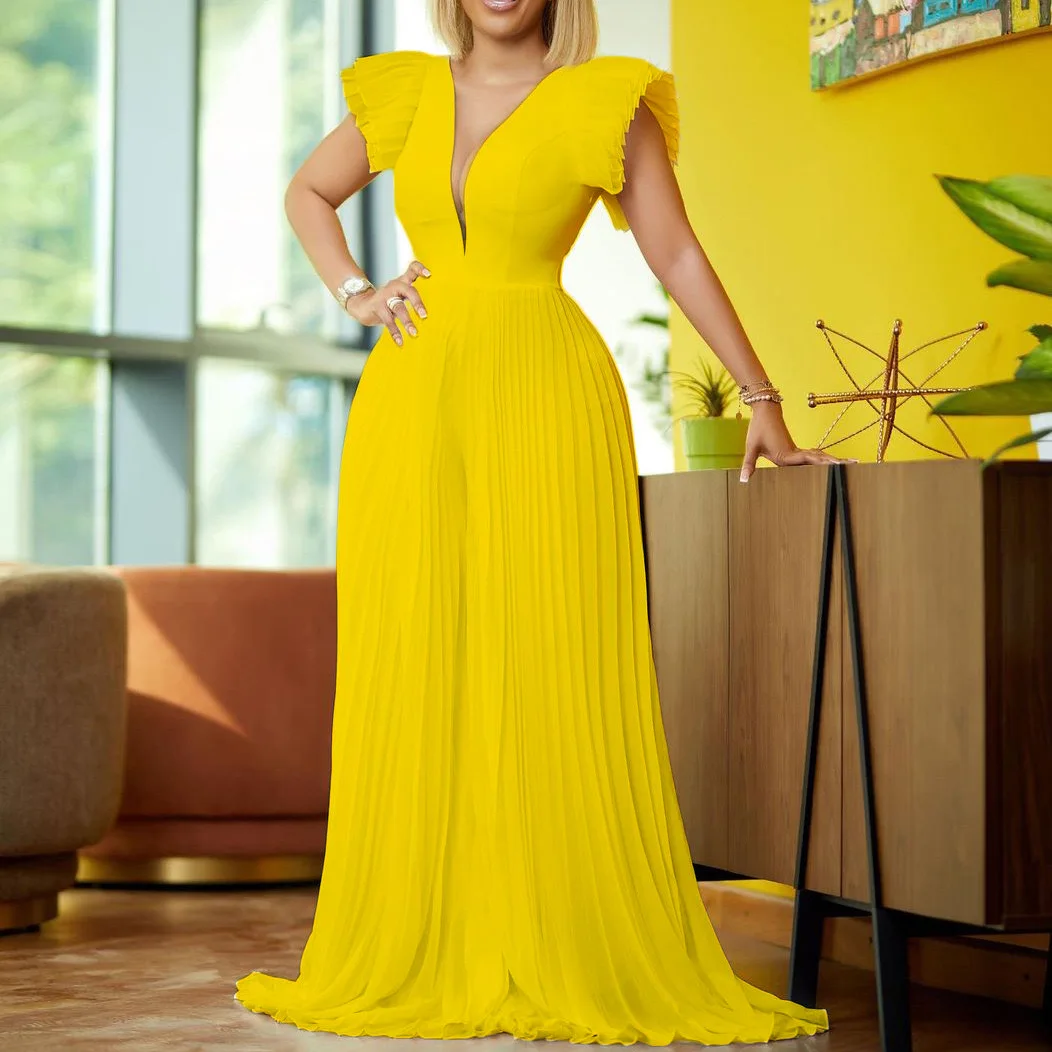 H3185 Women Deep V-neck Short Sleeve Pleated Party White Plus Size Europe Lady Elegant Long Maxi Casual Red Floor Length Dress