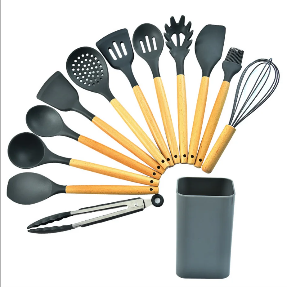 13 Pieces In 1 Set Silicone Kitchen Accessories Cooking Tools Kitchenware Silicone Kitchen Utensils With Wooden Handles