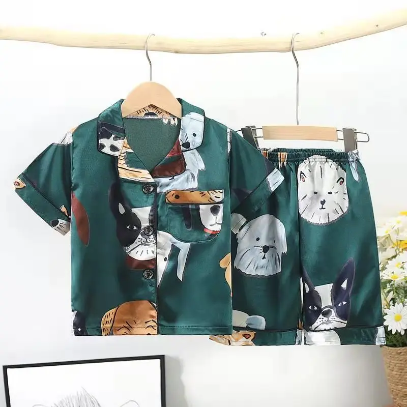 
Childrens summer wear pijama suit silk short sleeve sleepwear thin cardigan cartoon home clothes print pajamas set for boy 