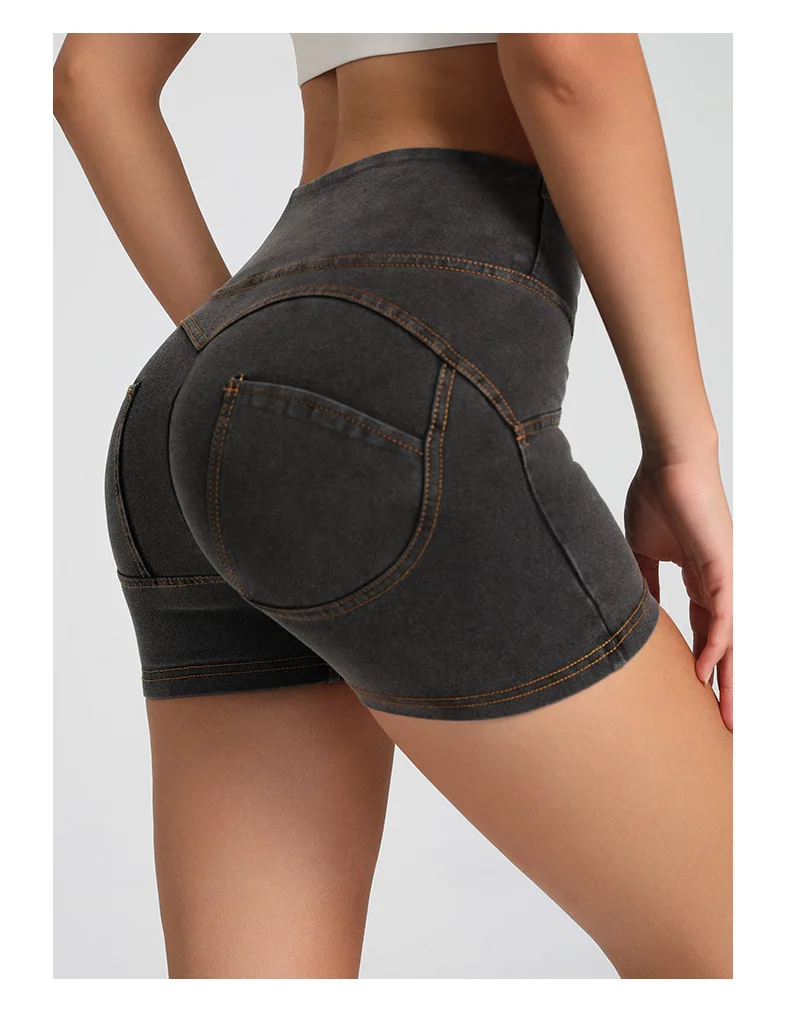 Custom Peach Buttock Fitness Women Tight Gym Workout Sports High Elastic Butt Lift Yoga Short Cotton Denim Jogger Biker Shorts
