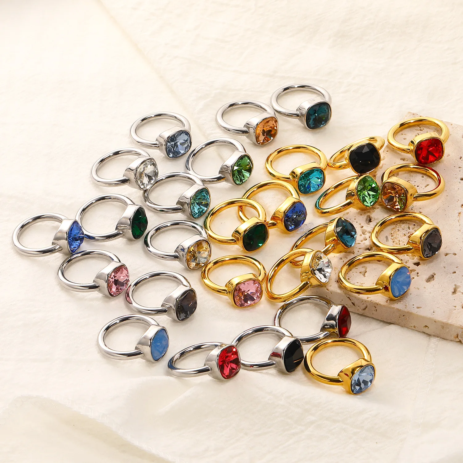 Stainless steel fashion waterproof ring Simple multi-colored gemstone titanium steel ring for women