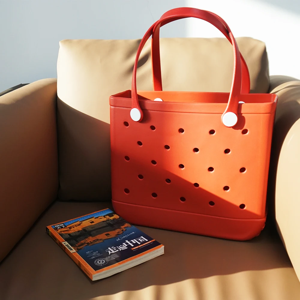 Large Rubber Waterproof Beach Tote Bag Washable Anti-tip Durable Beach Storage Basket Hole Opening Tote Bag