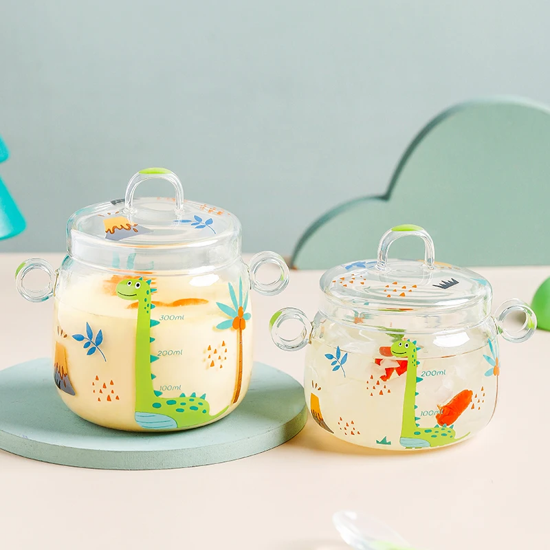 Double Ear Bowl With Scale High Borosilicate Glass Transparent Steamed Egg Custard Stew Cup Household Baby Glass Bowl With Cover