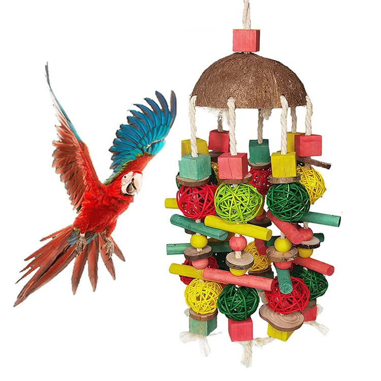 Parrots Pet Chew Toys Coconut Shell Colorful Hanging Large Bird Supplies Bird Macaw African Grey Parrot Shedding Toys