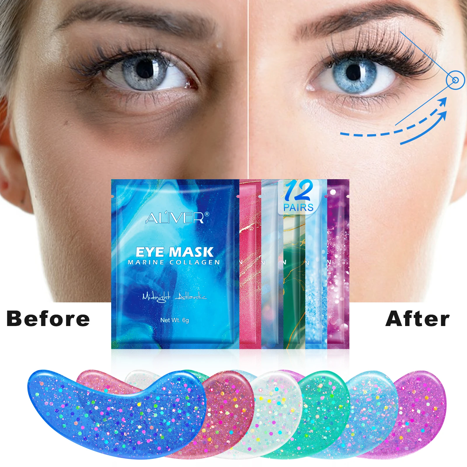 ALIVER Natural Pearl Eye Patches Anti Aging Wrinkle Marine Collagen Hyaluronic Under Eye Mask For Dark Circles And Puffiness