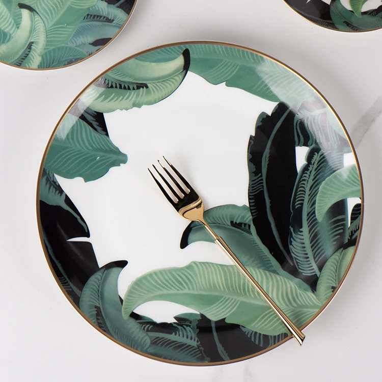 Hot selling Gold rim dinnerware Green Leaf Ceramic dinnerware Plate Set for Party  wedding