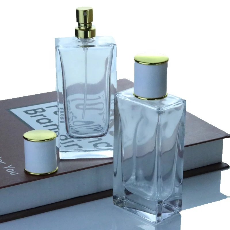 Hot sale Bottle for Perfume 50ml Clear square glass atomizer perfume bottle spray Glass Bottle with White Lid (GPM01-50)
