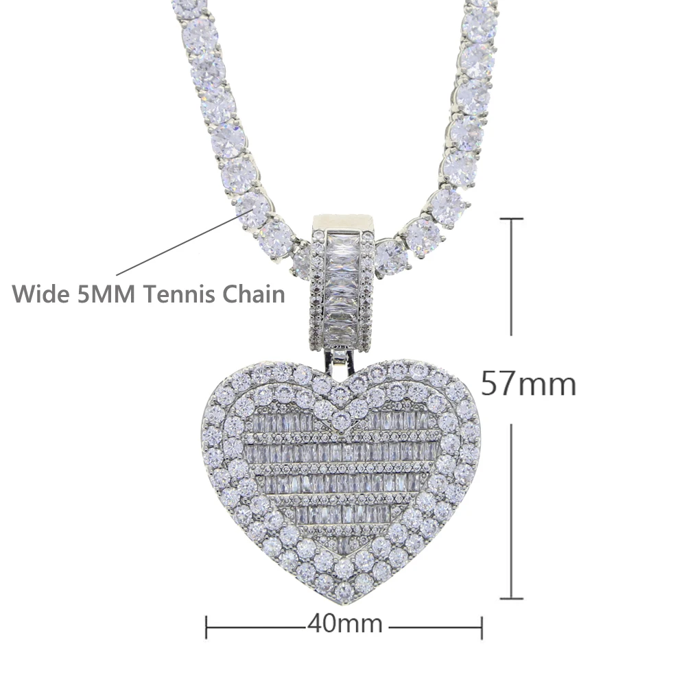 Iced out bling rectangle cz heart shaped locket pendant heart photo frame necklace