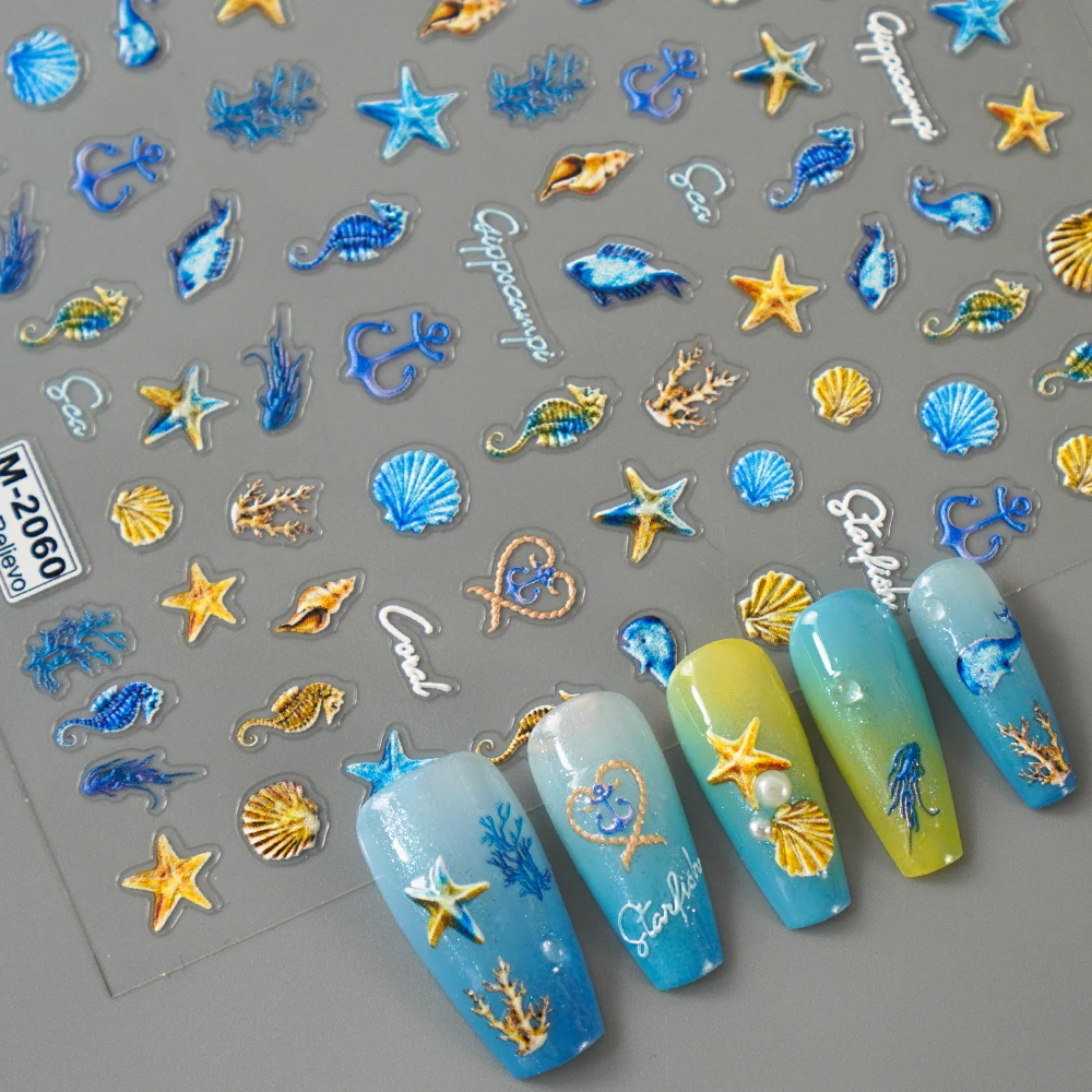 5D Embossed Shell Starfish Nail Art Stickers Decals Self Adhesive Spring Summer Nail Art Decorations Supplies Nail Decals