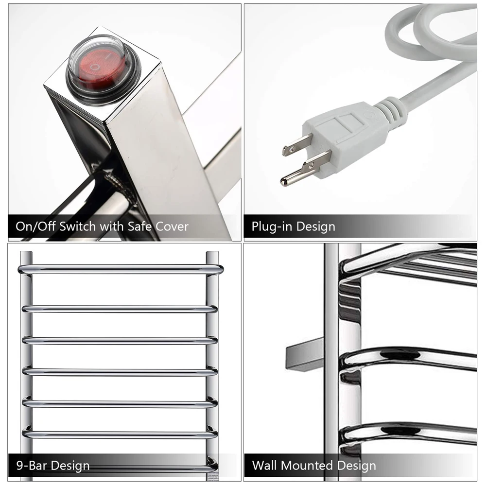 Towel Warmer 9 Bars Plug-in Stainless Steel Heated Towel Rack,Built-in Thermostat