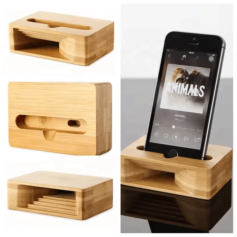Custom Bamboo Wooden Mobile Cell Phone Loud Speaker Portable Mobile Phone Stand Mini Amplifier