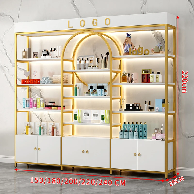Meicheng Cosmetic Display Counter Beauty Salon Makeup Nail Shelves Gold Display Shelves For Bag Retail Stores