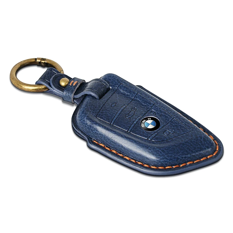 Car Key Case Genuine Leather Protector with Keychain Smart Remote key Fob Cover Case Key Holder for BMW