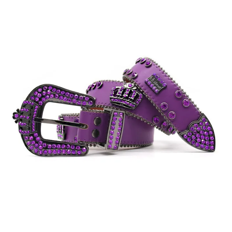 New Arrival Royal Crown Buckle PU Rhinestone Belt Punk Studded Purple Diamond Woman Belts