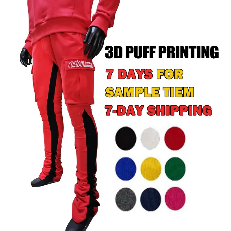 Custom High Quality Men Stacked Joggers Set Logo 3D Puff Print  Streetwear Sweatpants Fashion Stacked Jogger