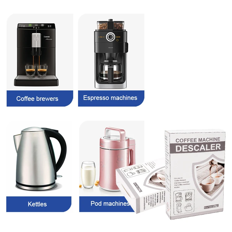 Espresso machine coffee maker descaling powder solution all purpose scale remover fast cleaner