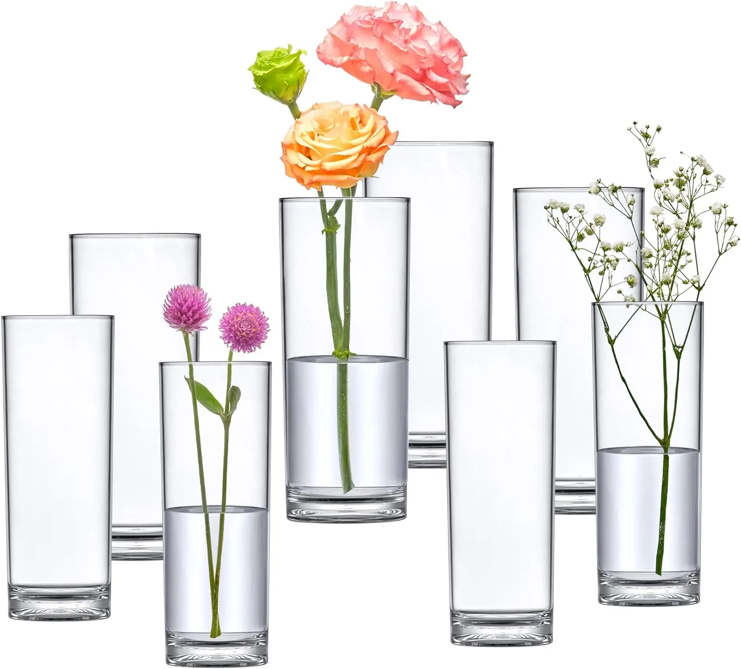 Акриловые цилиндрические вазы (набор из 8 предметов), пластиковая цилиндрическая ваза для цветов для свадебных украшений, украшения для дома, офисный орнамент