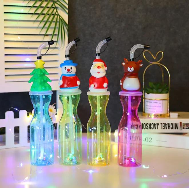 500ml Disposable christmas plastic cartoon beverage bottle juice drink milk tea Slush Cup with Straw