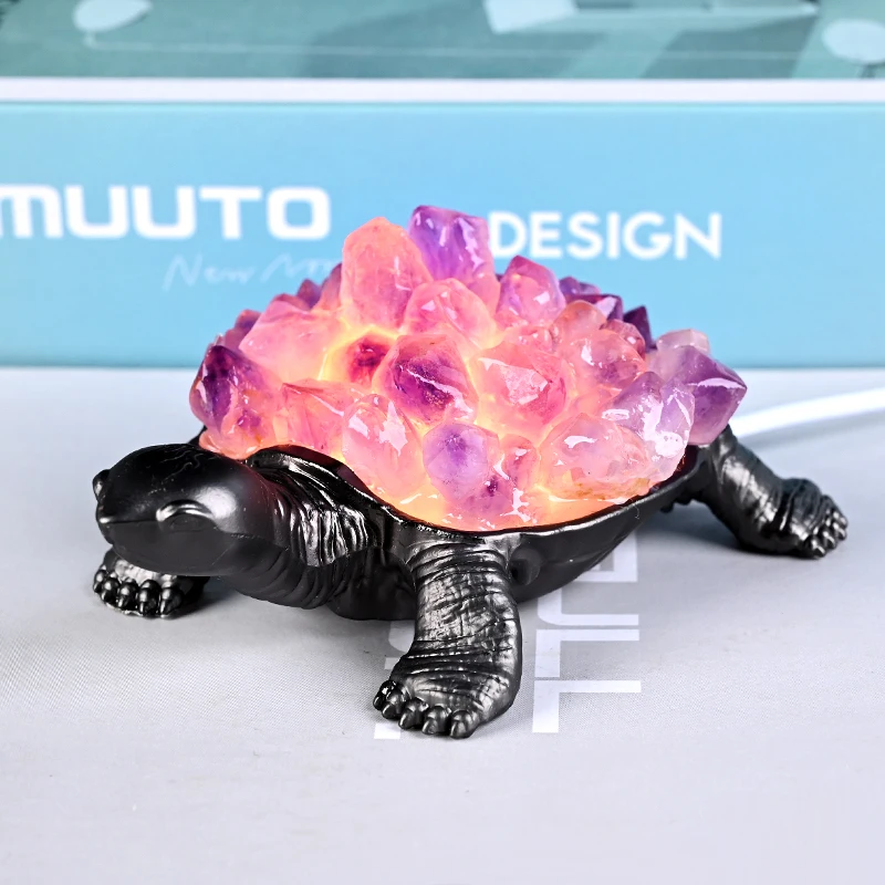 New Product High Quality crystal cluster carved healing stone  Turtle cluster lamp for ambient lighting decoration