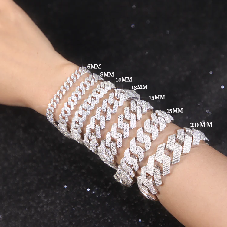 Wholesale 8MM -20MM Moissanite Cuban Chain Necklace Factory Direct Hip Hop Style Vvs Diamond 925 Silver Cuban Link Bracelet