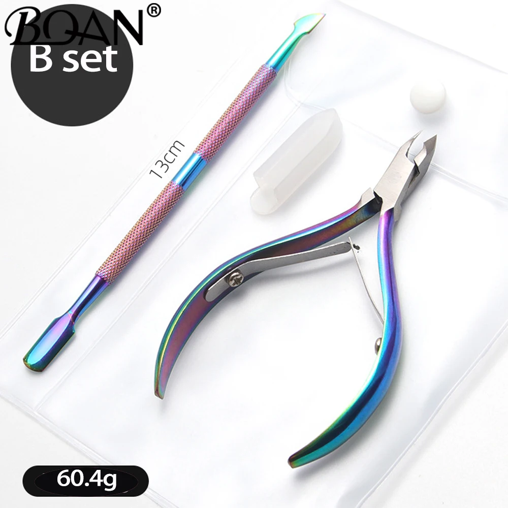 BQAN Rainbow Dual-ended Nail Cuticle Pusher Stainless Steel Dead Skin Push Remover Pedicure Cleaner Nail Art Tools