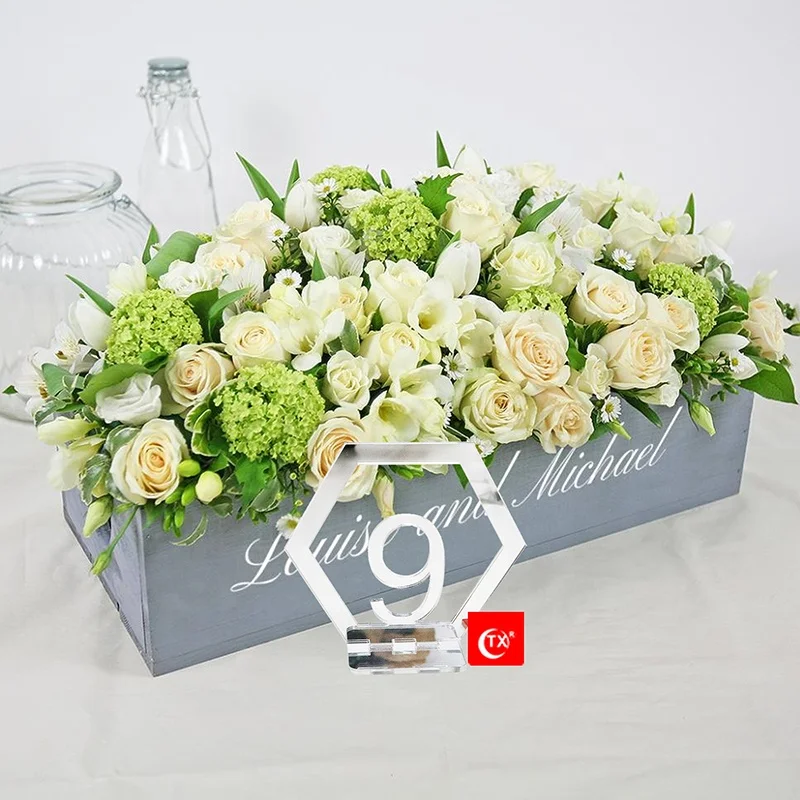 TX Silver Mirror Table Numbers Hexagon Shape  with Holder Base for Wedding, Party, Events Or Catering Reception and Decoration