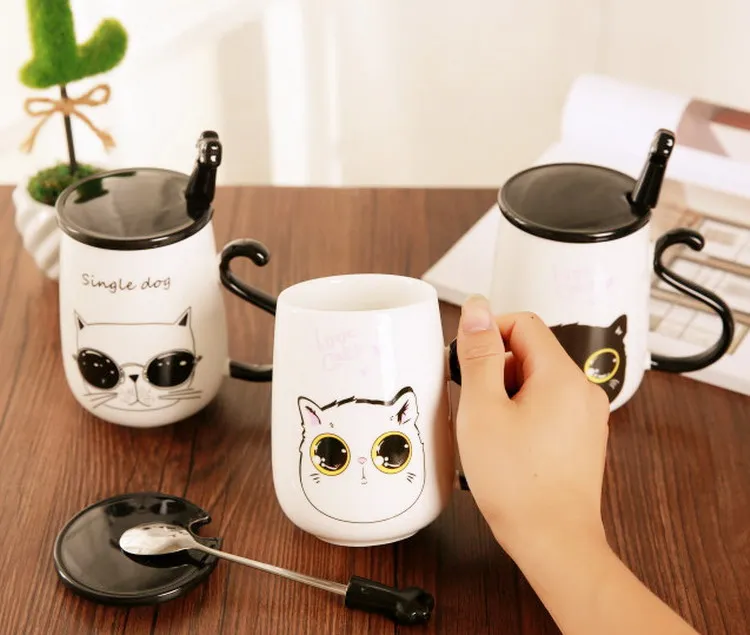lovely 470ml white cartoon cat lovers couples ceramic mug with black tail handle lid and spoon