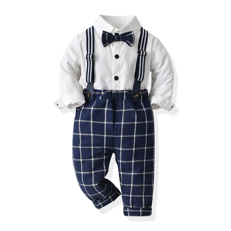 Boys Gentleman Clothing Sets Toddler Boy Long Sleeve White Bowtie Shirts+Suspenders Plaid Pants Outfits Formal Suits