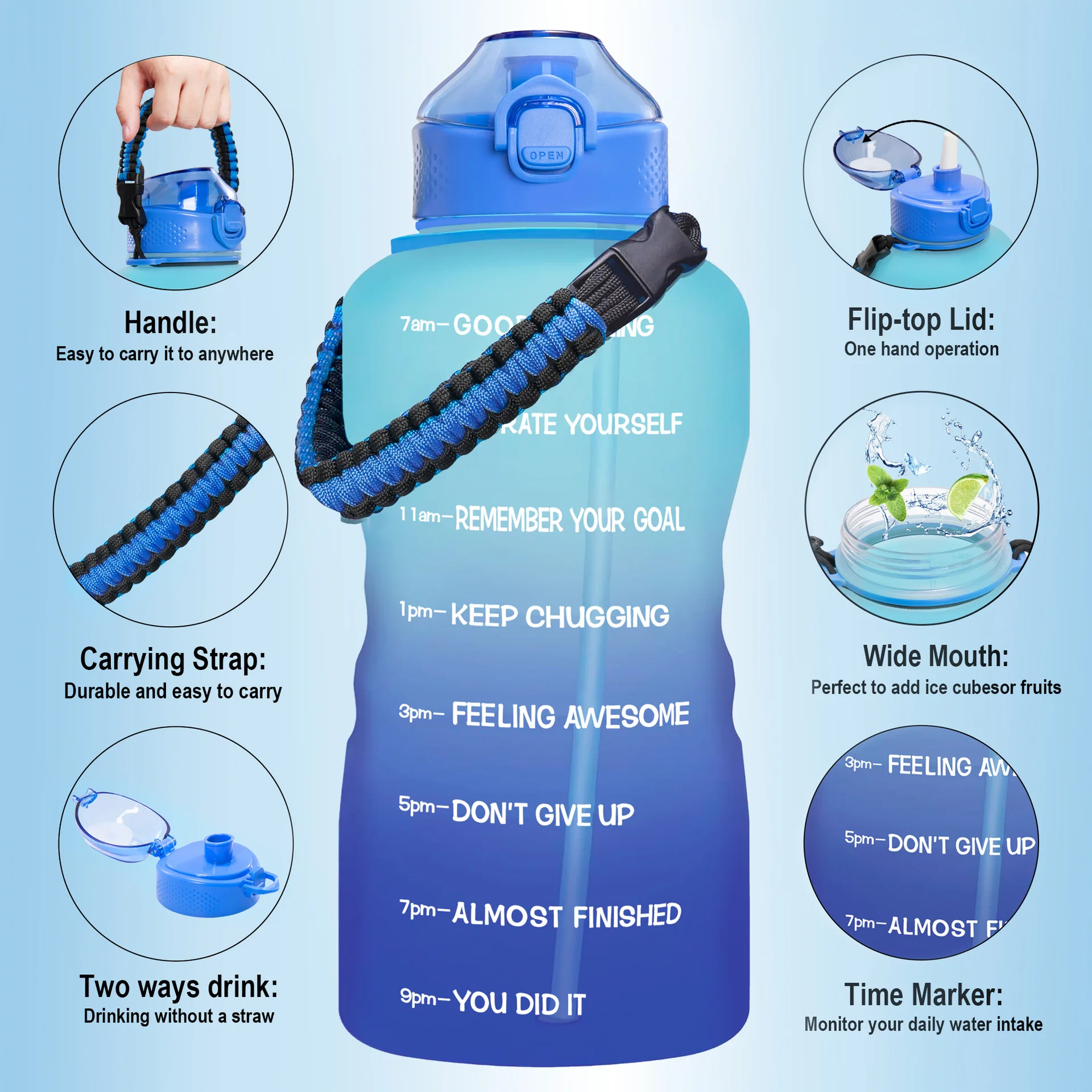 Gym and Outdoor Sports BPA Free Large Reusable Leakproof 3.8L Water Jug Sipper Water Bottle with Time Marker and Straw