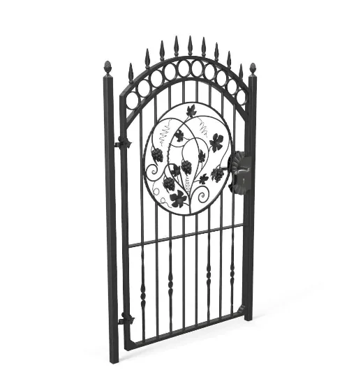 Tall wrought lron gate with lock and decorative panel