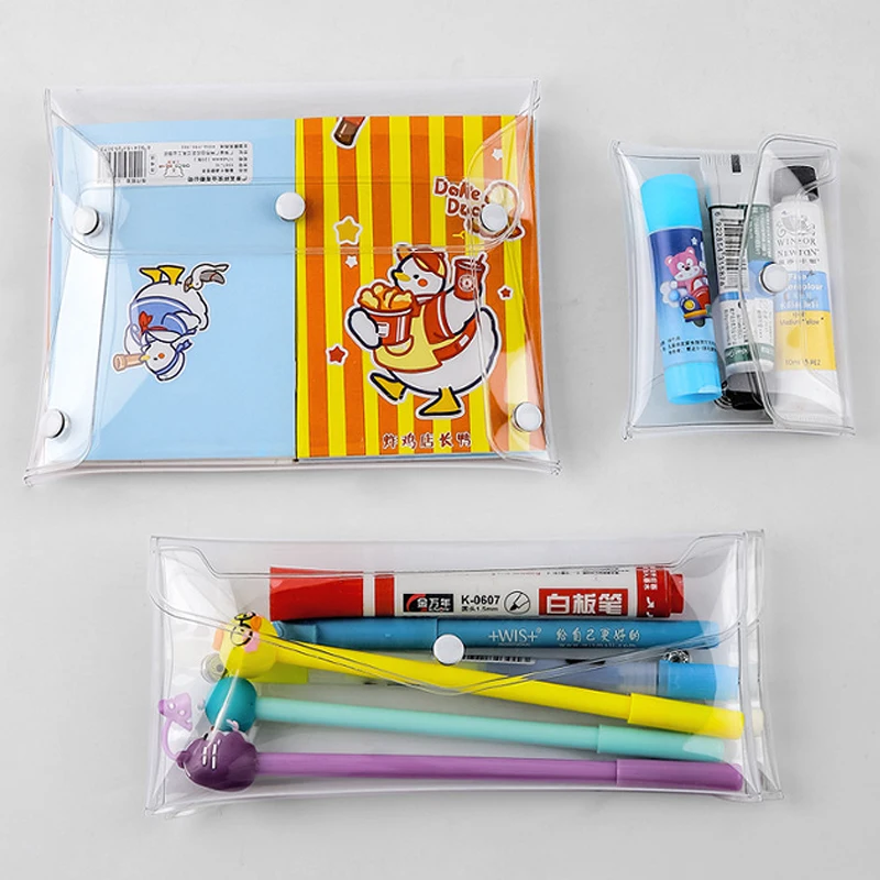 Four Sided Open Button Style PVC Pencil Bag With Multifunctional Transparent Storage Bag Customized Printing Pattern Clear Pouch