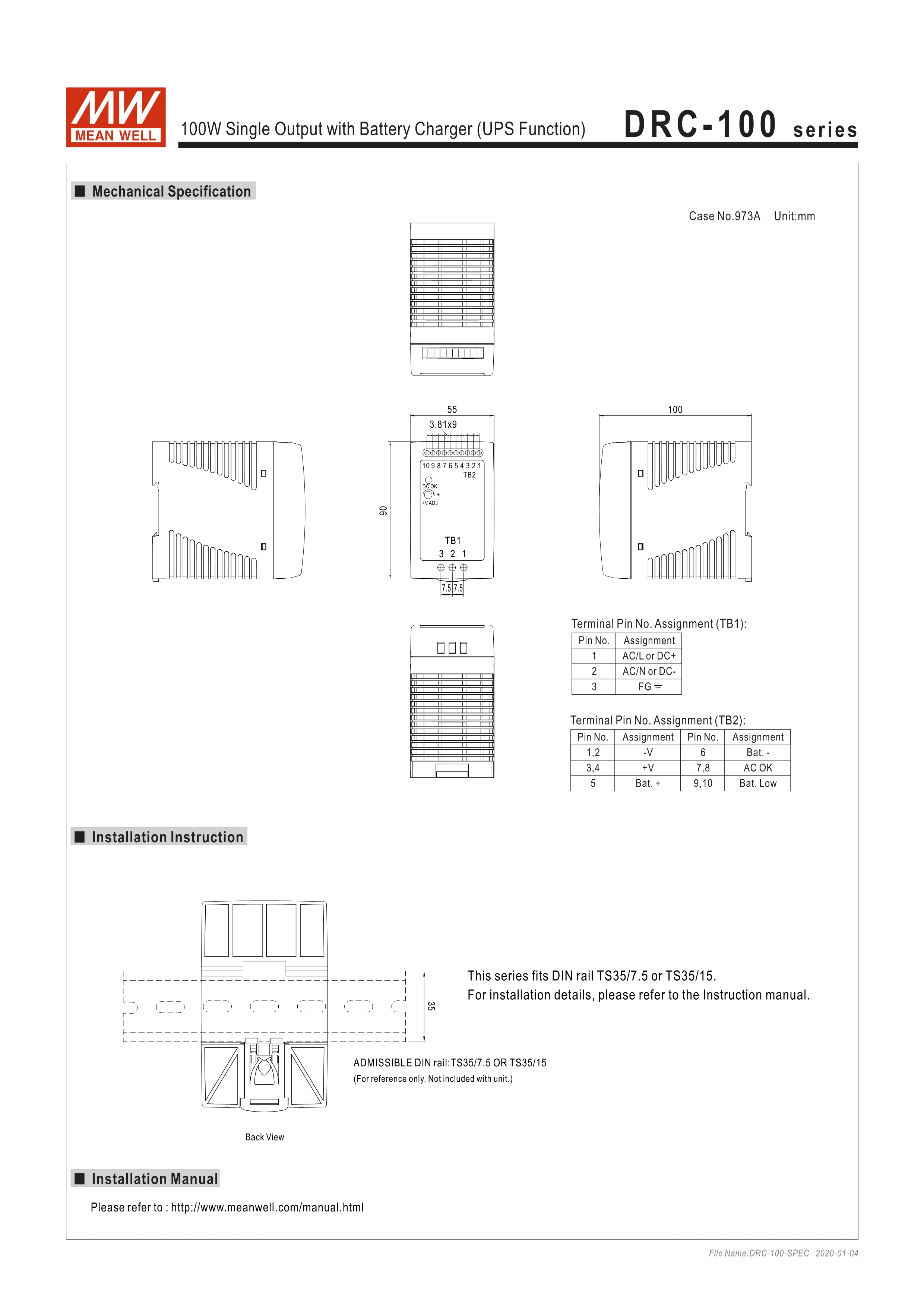 Original MEAN WELL DRC-100B 100W 27.6V Single Output with Battery Charger (UPS Function)