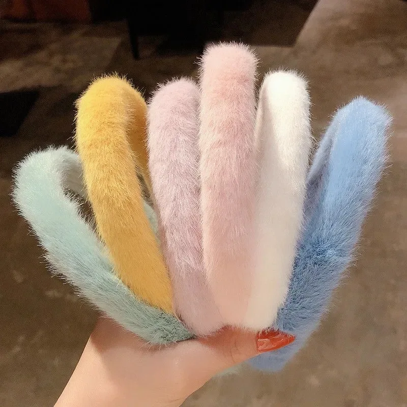 Korean New Fashion Women Warm Hair Accessories Solid Color Thick Winter Furry Headbands Wholesale Fur Headband for Girls