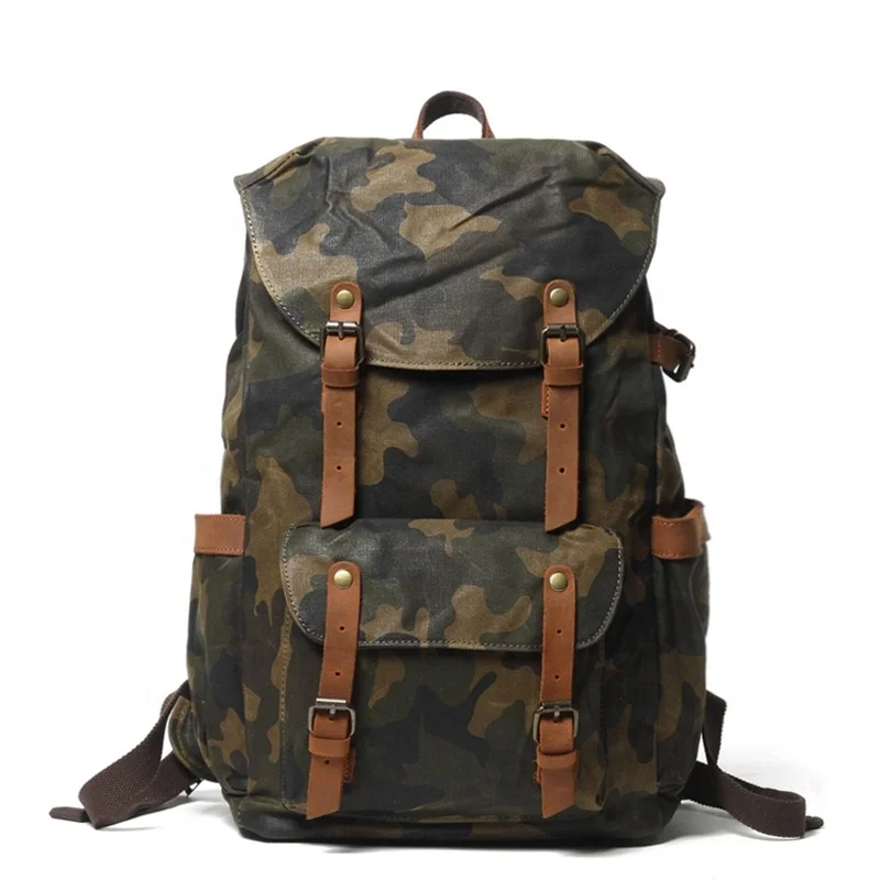 Outdoor Waxed Waterproof Canvas Backpack Camouflage Camping Backpack