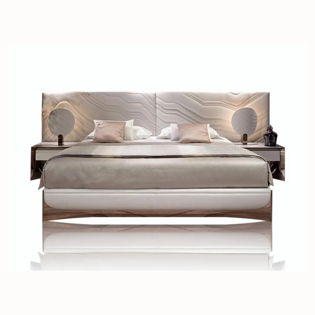 Modern Hotel Stainless Steel Feet Double Beds King Size Wooden Frame Furniture Fabric Bed Modular Bedroom Set