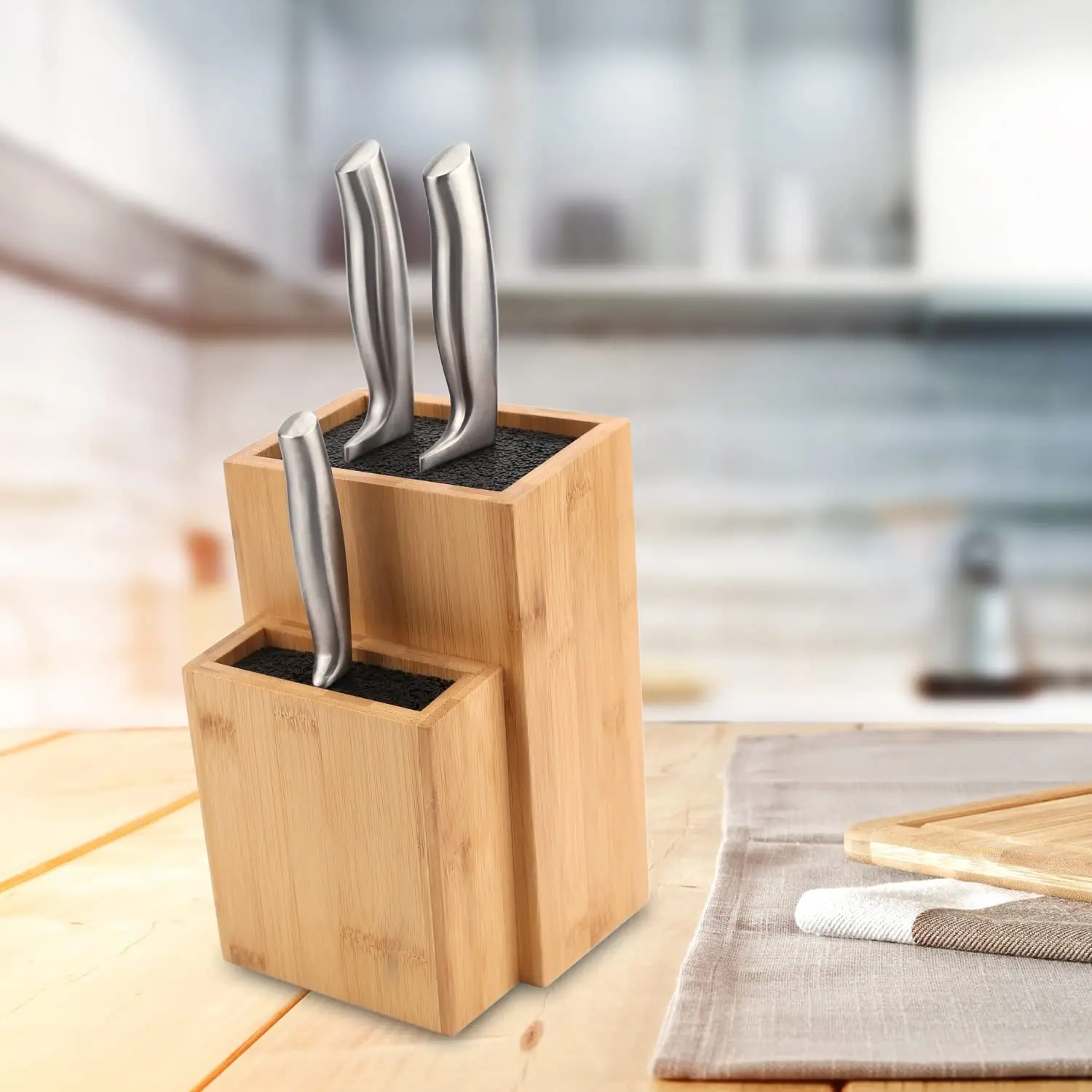 Bamboo knife block holder Bamboo Universal Knife Block Stand Organizer Holder Extra Large Two-tiered