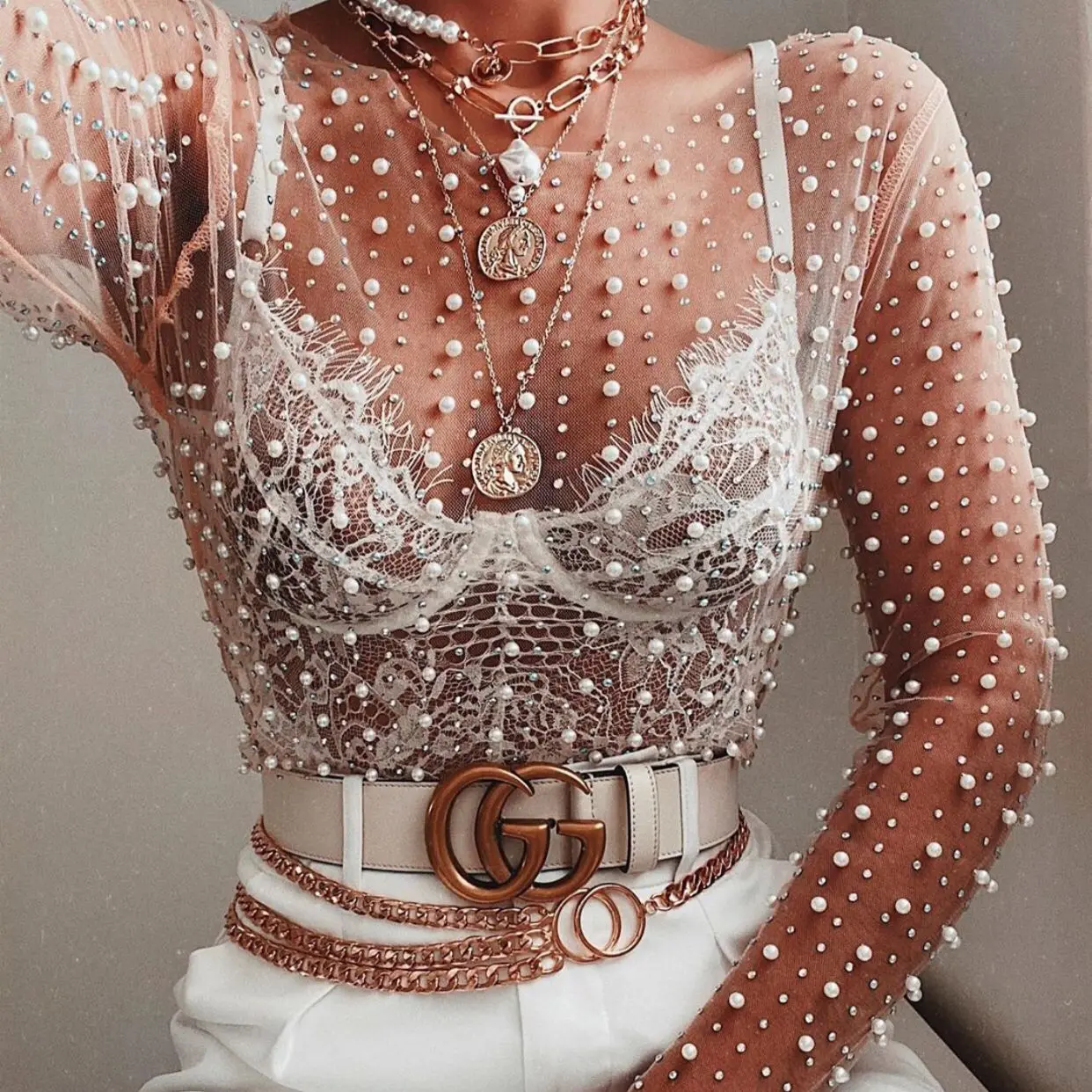 2023 Dropshipping new sexy see-through lace shirt female bright diamond beads mesh long sleeved blouses tops