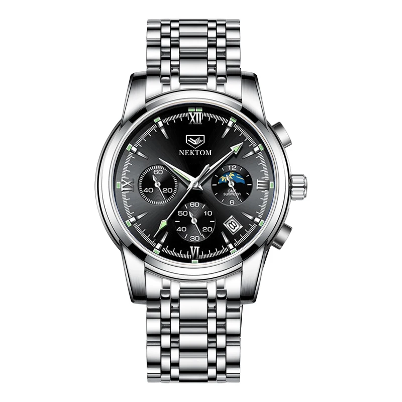 
 Новинка 2021, дизайнерские светящиеся мужские наручные часы Nektom с корпусом из сплава, лидер продаж, Роскошные Кварцевые часы с Лунной фазой  