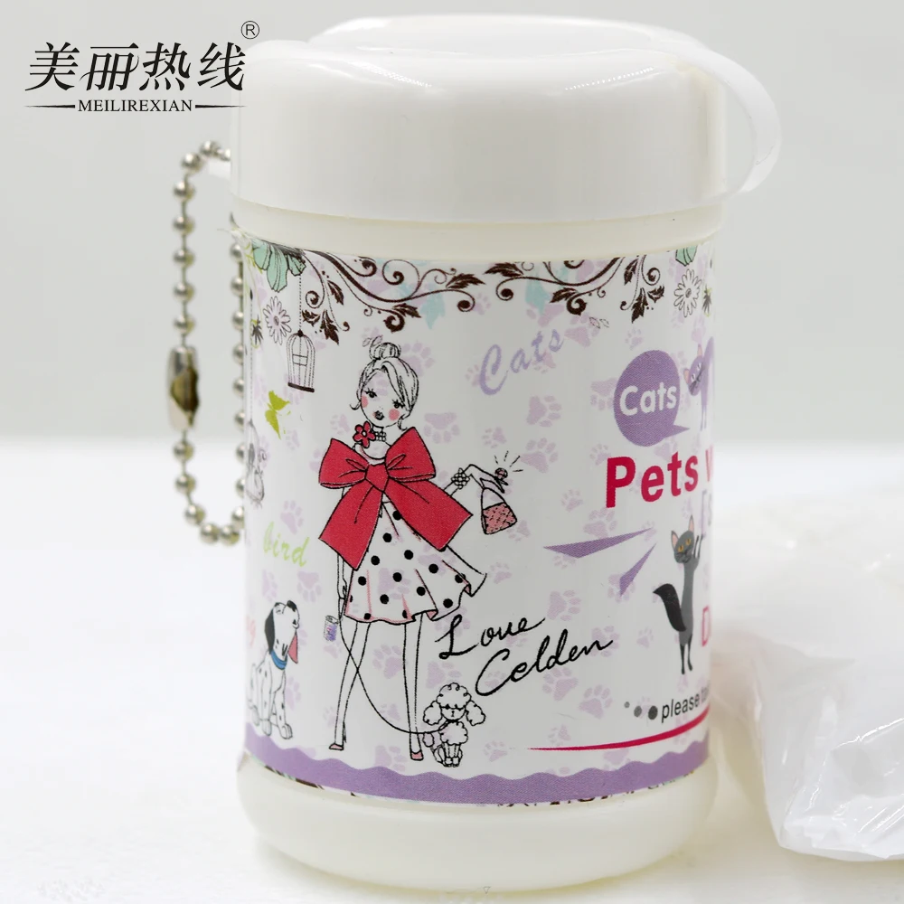 30pcs Customized pet mini wet wipe in plastic canister with keychain Cleaning Pet Body Wipe Tissue